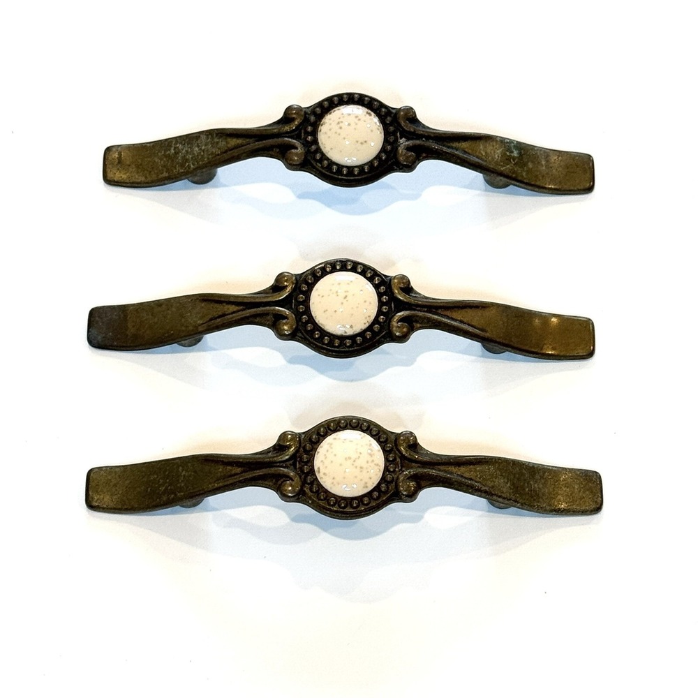 3 Vtg Brass Speckled Stone Center Hardware Cabinet Drawer Pulls Sundial Center